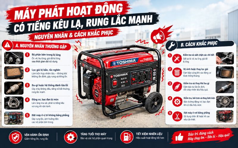Máy phát hoạt động có tiếng kêu lạ, rung lắc mạnh
