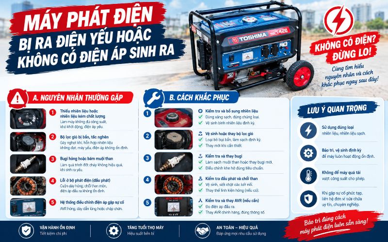 Máy phát ra điện yếu hoặc không có điện áp sinh ra