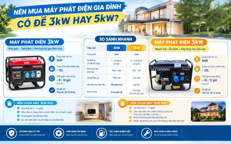 Nên mua máy phát điện gia đình có đề 3kW hay 5kW