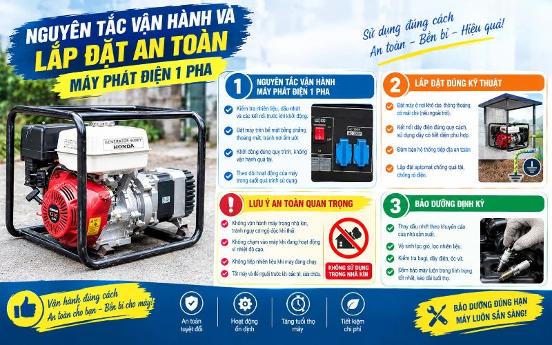 Nguyên tắc vận hành và lắp đặt an toàn máy phát điện 1 pha