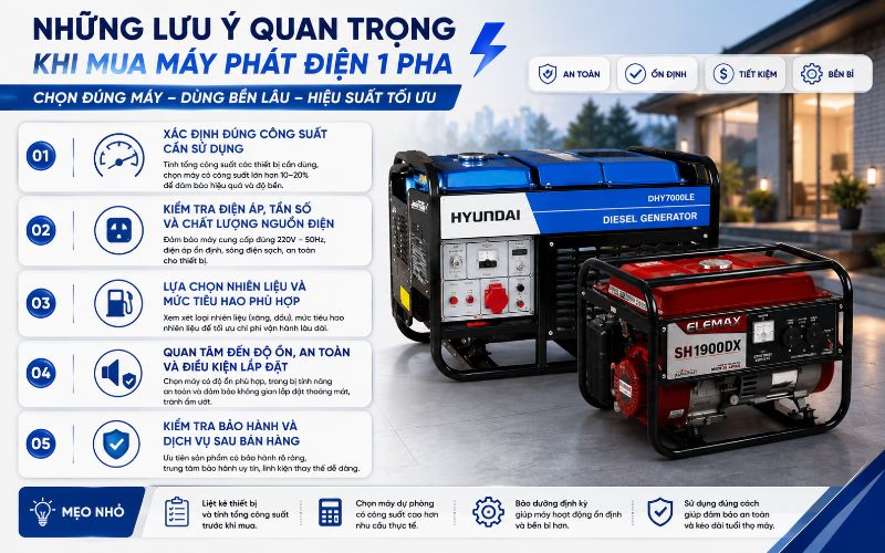 Những lưu ý quan trọng khi mua máy phát điện 1 pha