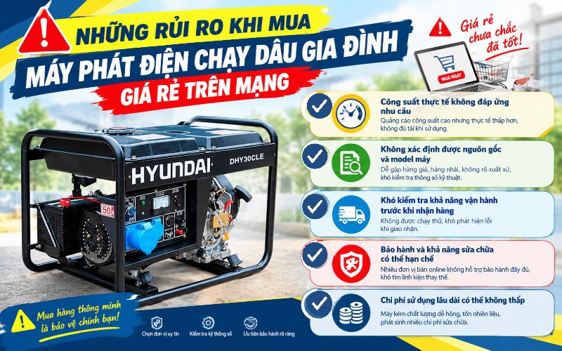 Những rủi ro khi mua máy phát điện chạy dầu gia đình giá rẻ trên mạng