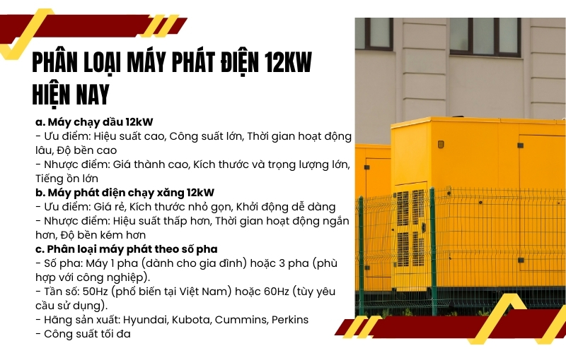 Phân loại máy phát điện 12kw hiện nay 