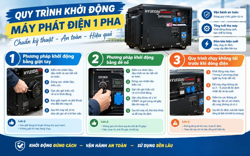 Quy trình khởi động máy phát điện 1 pha chuẩn kỹ thuật