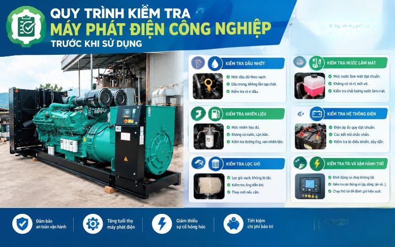 Quy trình kiểm tra máy phát điện công nghiệp trước khi sử dụng