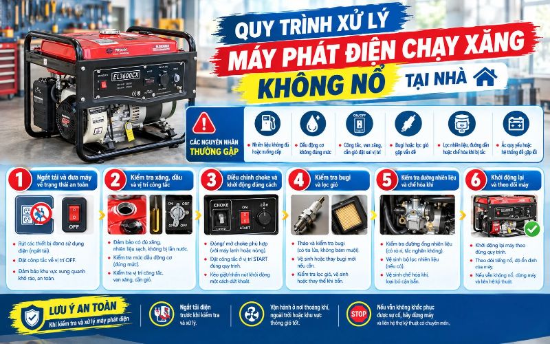 Quy trình xử lý máy phát điện chạy xăng không nổ tại nhà