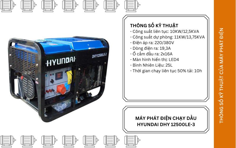 Thông số Máy phát điện chạy dầu Hyundai DHY 12500LE-3 (10-11KW)