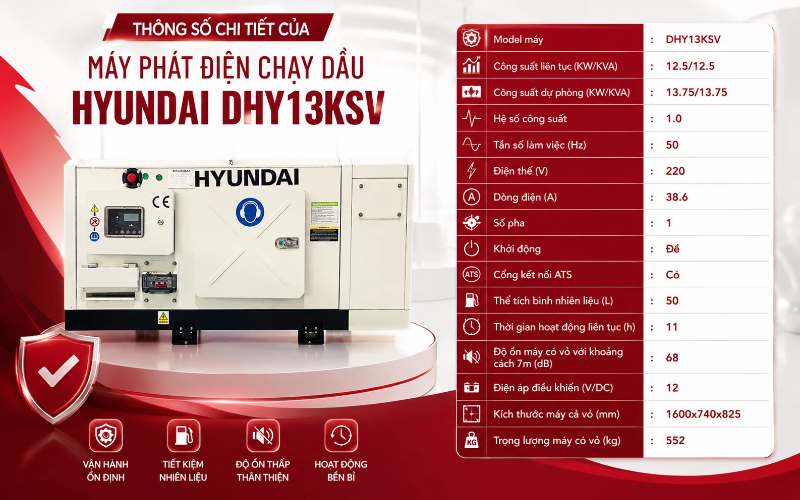 Thông số chi tiết của Máy phát điện chạy dầu HYUNDAI DHY13KSV