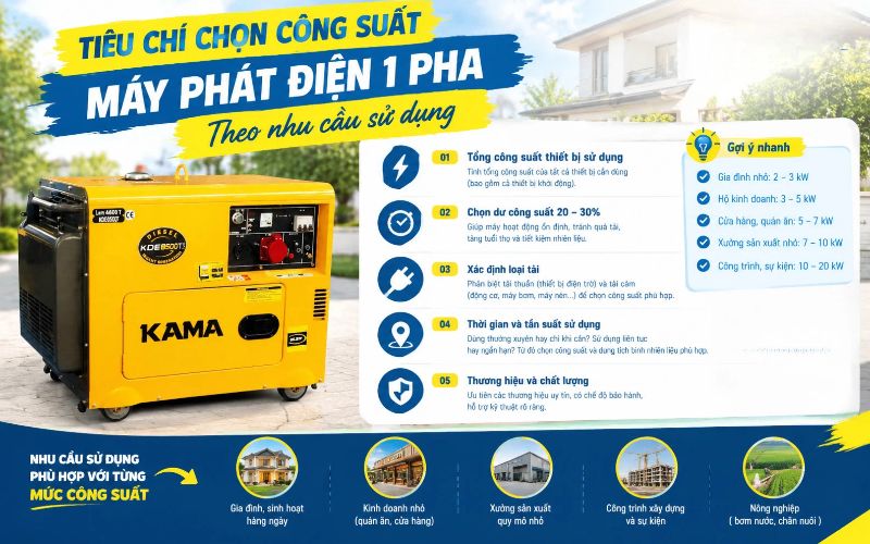 Tiêu chí chọn công suất máy phát điện 1 pha theo nhu cầu sử dụng