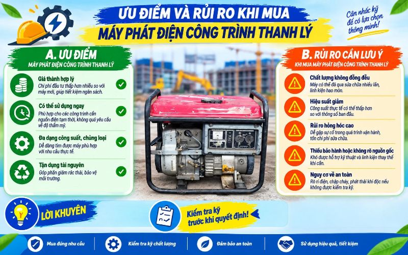 Ưu điểm và rủi ro khi mua máy phát điện công trình thanh lý