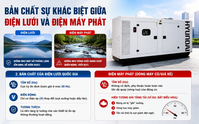 Bản chất sự khác biệt giữa điện lưới và điện máy phát