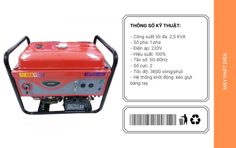 Thông số Máy phát điện xăng VIKYNO model MF5-XSL