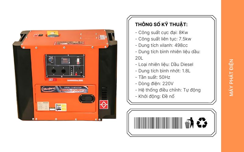 Thống số Máy phát điện chạy dầu Vinafarm VNPD-9500P1
