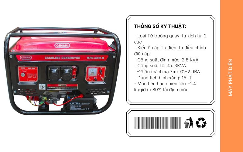 Đặc điểm Máy phát điện chạy xăng Oshima MPD-3KW-D (đề)