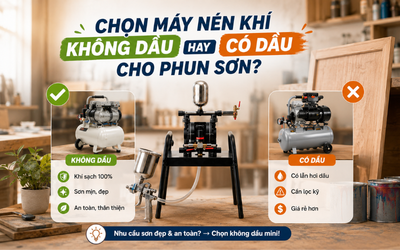 Chọn máy nén khí không dầu hay có dầu cho phun sơn?