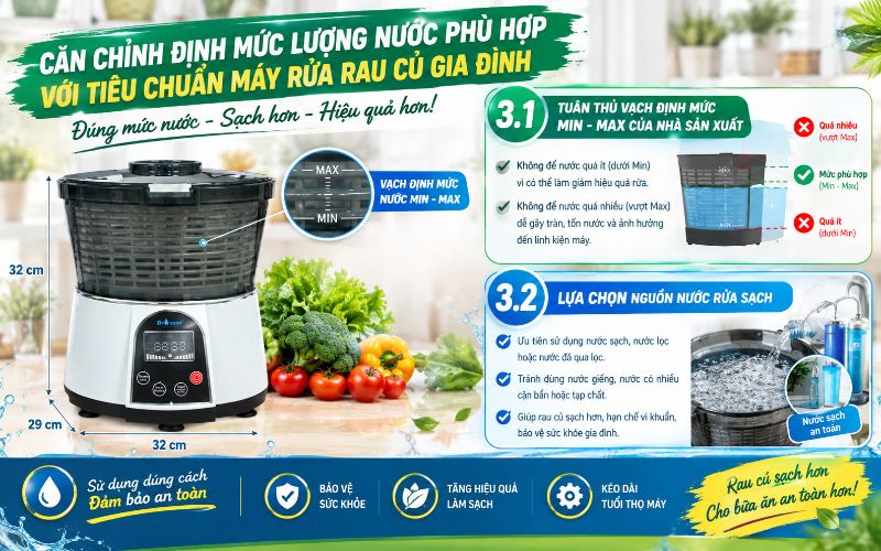 Căn chỉnh định mức lượng nước phù hợp với tiêu chuẩn máy rửa rau củ gia đình