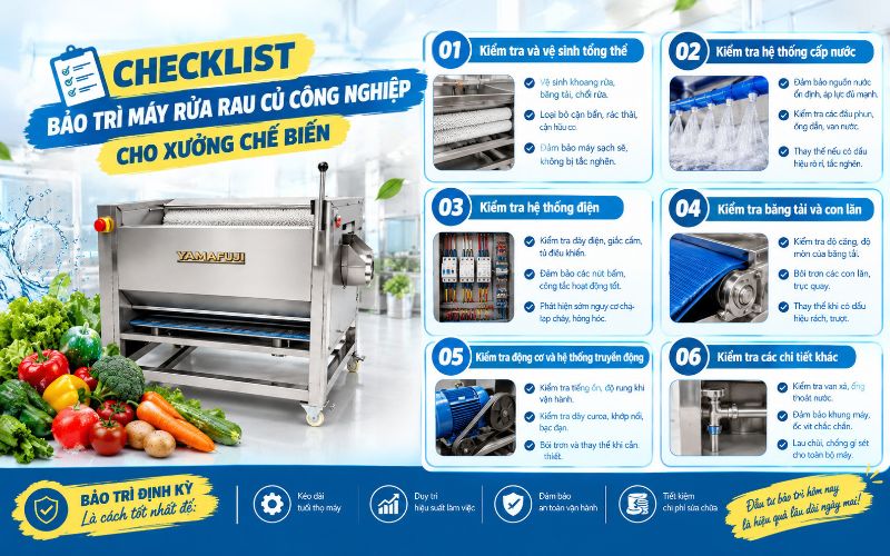 Checklist bảo trì máy rửa rau củ công nghiệp cho xưởng chế biến