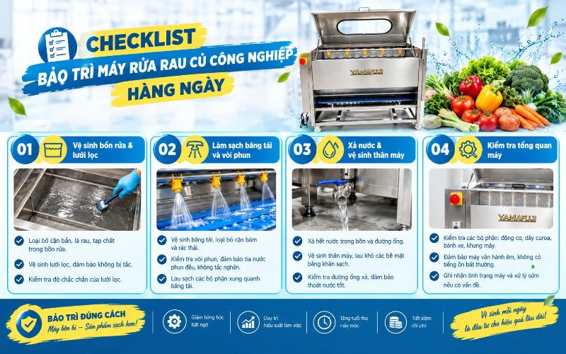 Checklist bảo trì máy rửa rau củ công nghiệp hàng ngày 