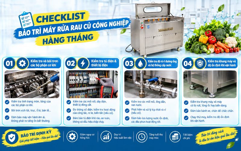 Checklist bảo trì máy rửa rau củ công nghiệp hàng tháng 