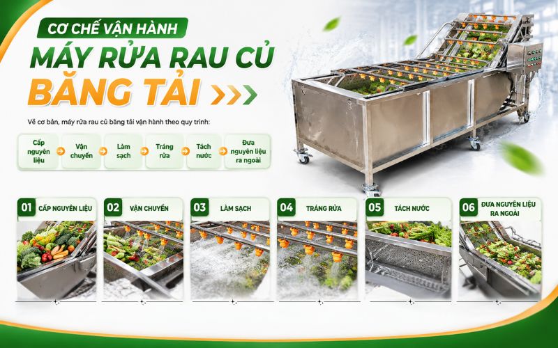 Cơ chế vận hành máy rửa rau củ băng tải