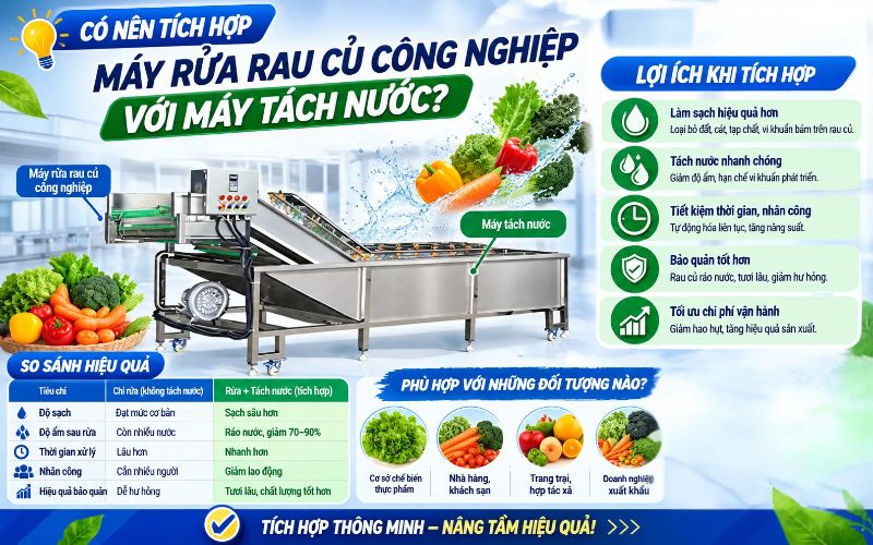 Có nên tích hợp máy rửa rau củ công nghiệp với máy tách nước