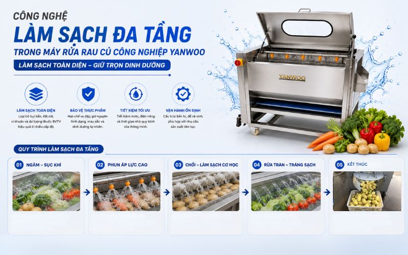 Công nghệ làm sạch đa tầng trong máy rửa rau củ công nghiệp Yanwoo