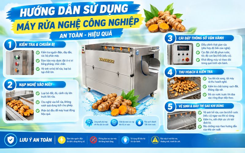 Hướng dẫn sử dụng máy rửa nghệ công nghiệp an toàn, hiệu quả