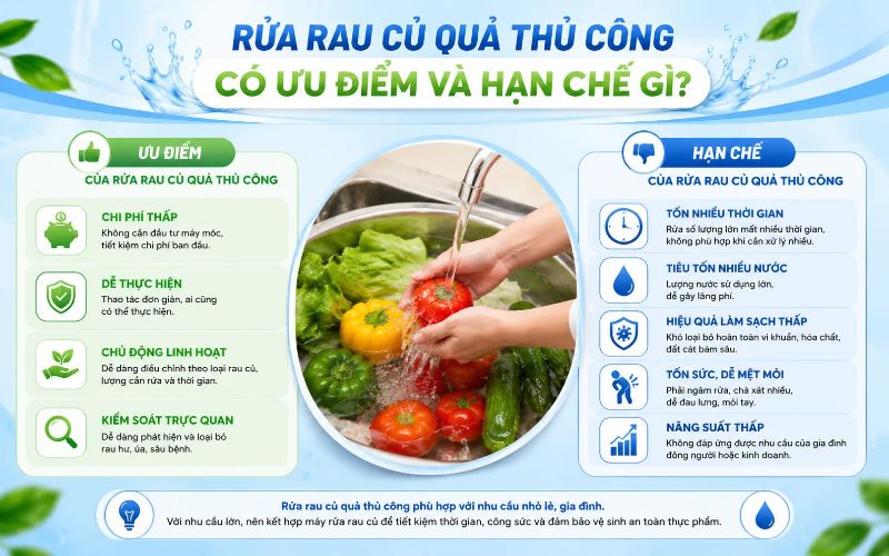 Rửa rau củ quả thủ công có ưu điểm và hạn chế gì?