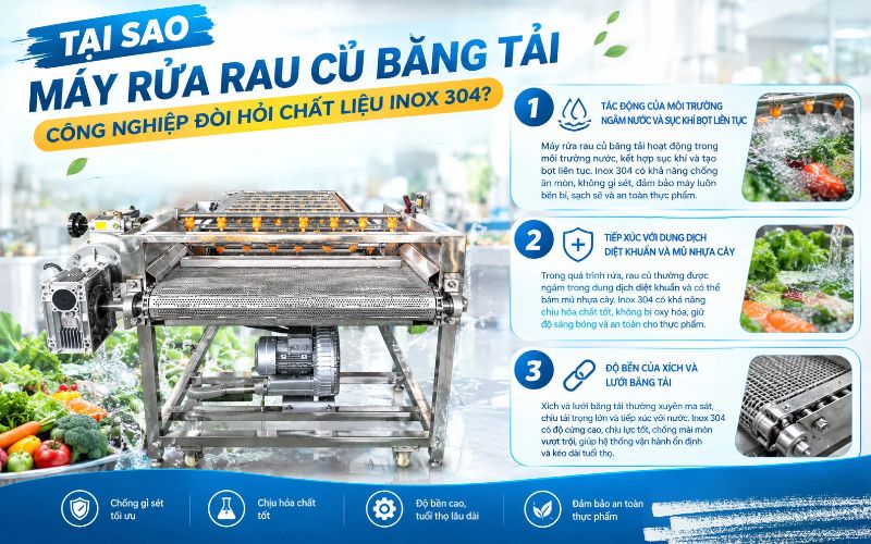  Tại sao máy rửa rau củ băng tải công nghiệp đòi hỏi chất liệu Inox 304?