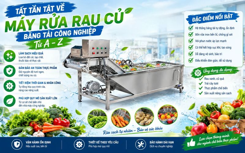 Tất tần tật về máy rửa rau củ băng tải công nghiệp từ A-Z