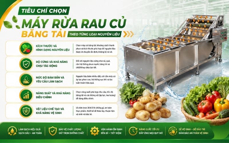 Tiêu chí chọn máy rửa rau củ băng tải theo từng loại nguyên liệu 
