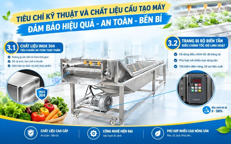  Tiêu chí kỹ thuật và chất liệu cấu tạo máy rửa rau quả công nghiệp