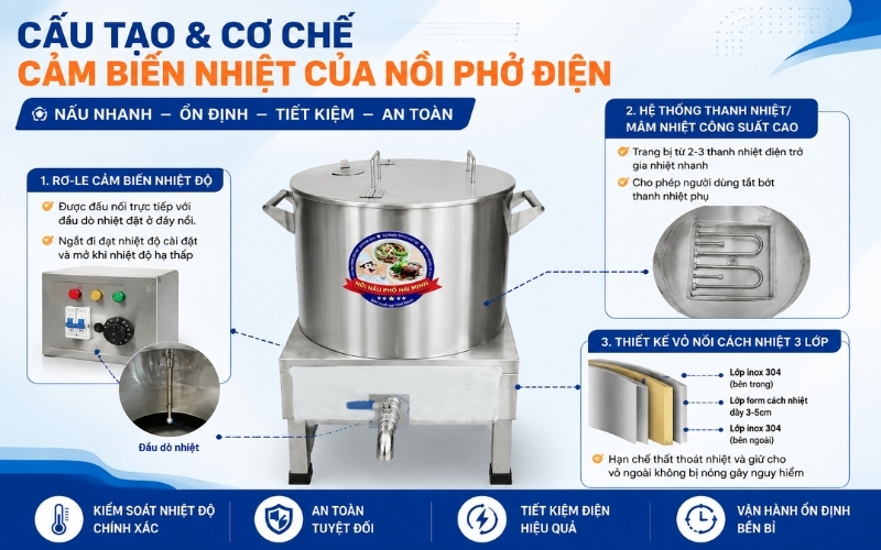 Cấu tạo & cơ chế cảm biến nhiệt của nồi phở điện
