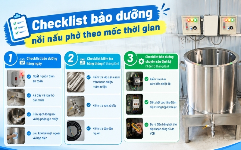 Checklist bảo dưỡng nồi nấu phở theo mốc thời gian