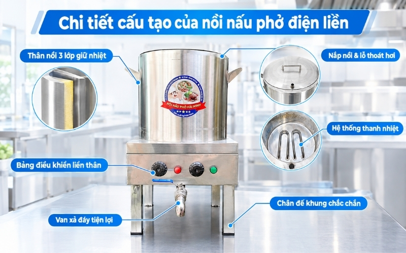  Chi tiết cấu tạo của nồi nấu phở điện liền