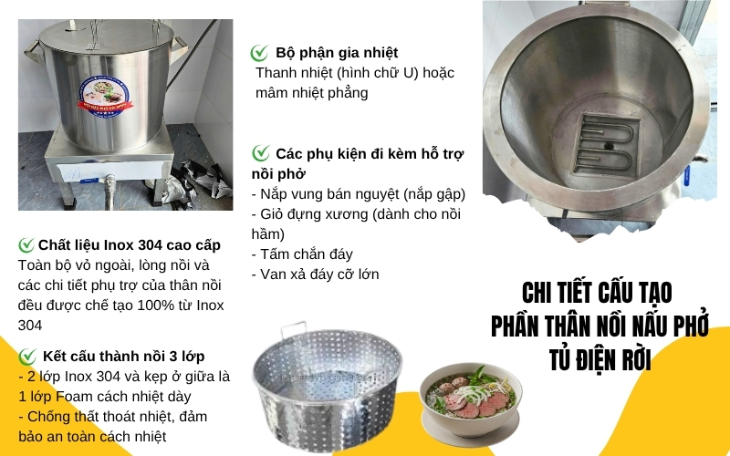 Chi tiết cấu tạo phần thân nồi nấu phở tủ điện rời