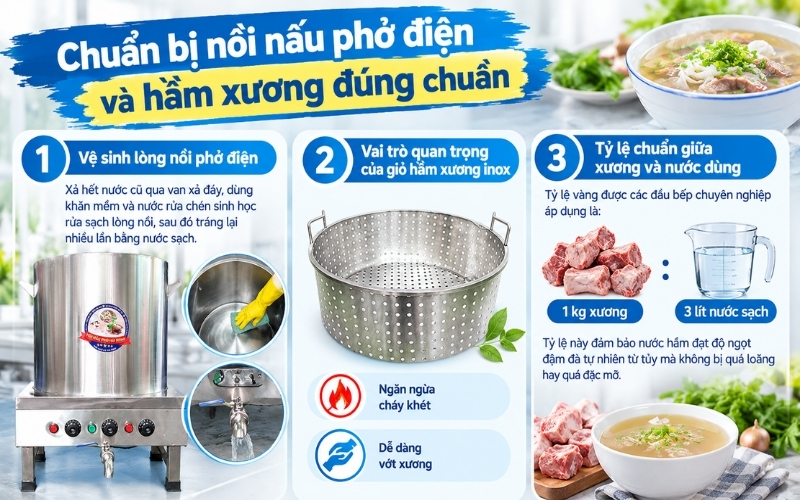 Chuẩn bị nồi nấu phở điện và hầm xương đúng chuẩn