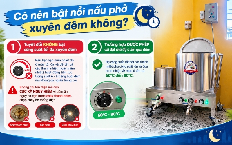 Có nên bật nồi nấu phở xuyên đêm không