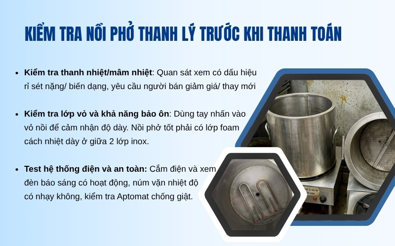 Kiểm tra nồi phở thanh lý trước khi thanh toán