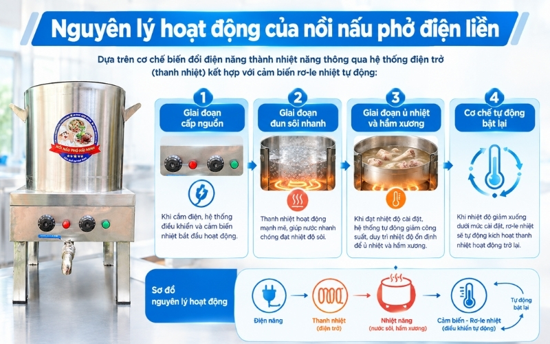 Nguyên lý hoạt động của nồi nấu phở điện liền
