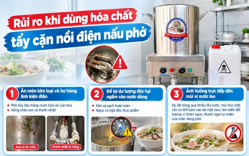 Rủi ro khi dùng hóa chất tẩy cặn nồi điện nấu phở