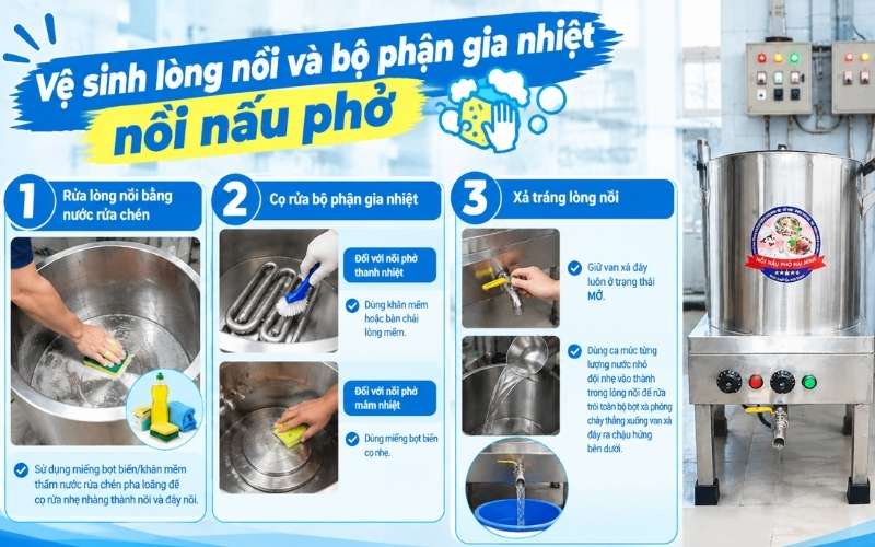 Vệ sinh lòng nồi và bộ phận gia nhiệt nồi nấu phở