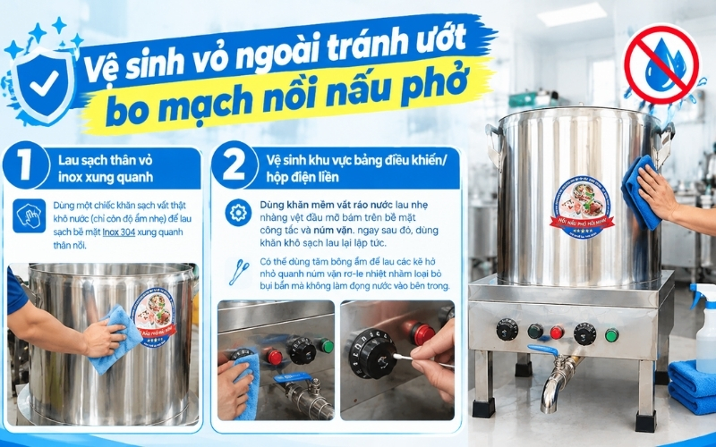 Vệ sinh vỏ ngoài tránh ướt bo mạch nồi nấu phở