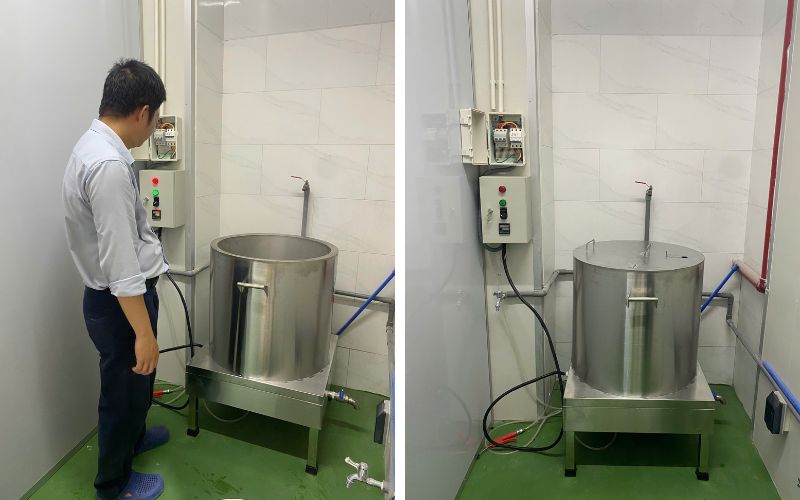 Kỹ thuật bàn giao Nồi nấu phở Hải Minh điện liền nồi DL-150L cho khách