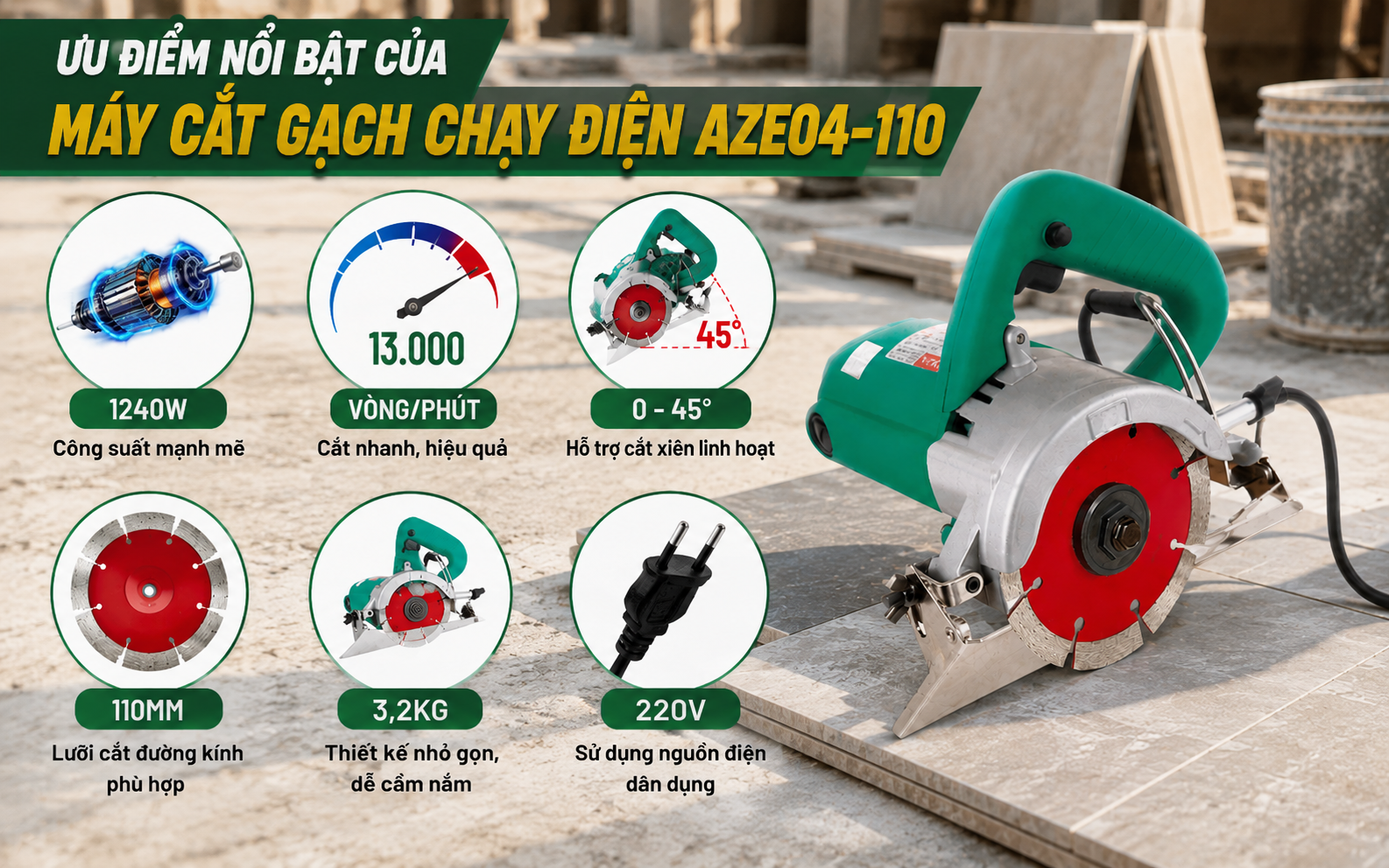 Ưu điểm nổi bật của máy cắt gạch chạy điện AZE04-110
