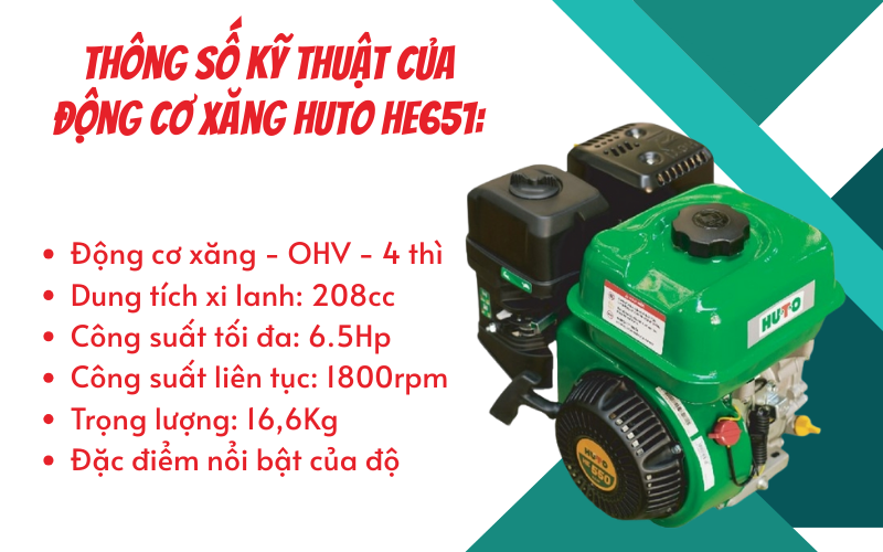Thông số kỹ thuật của động cơ xăng HUTO HE651