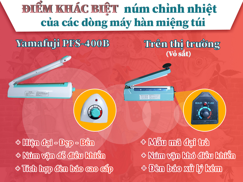 Điểm khác biệt về núm chỉnh nhiệt máy hàn miệng túi dập tay Yamafuji so với máy thông thường (Vỏ sắt)