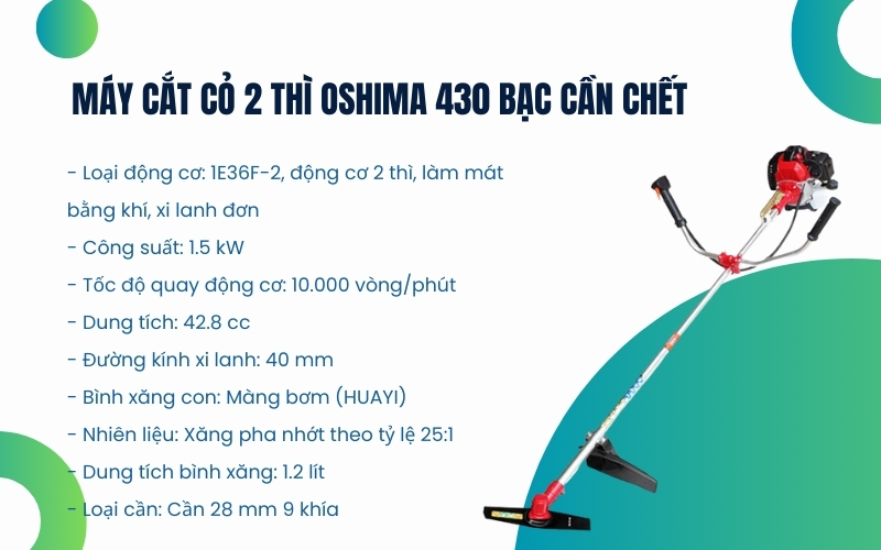 Thông số kỹ thuật của Máy cắt cỏ 2 thì Oshima 430 bạc cần chết