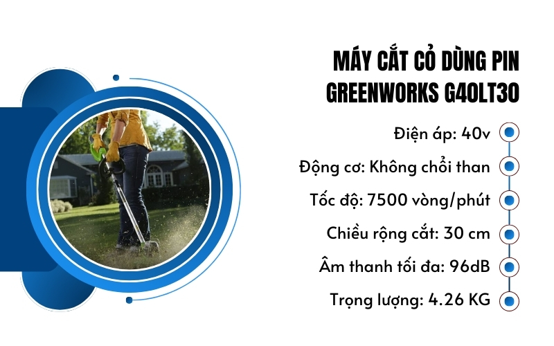 Thông số kỹ thuật của Máy cắt cỏ dùng pin Greenworks G40LT30
