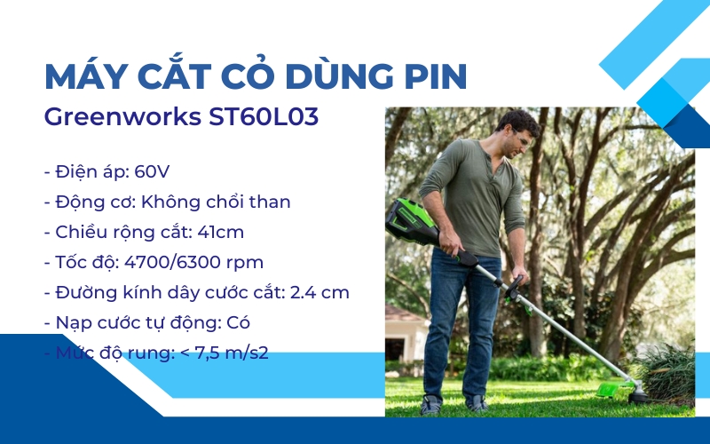 Thông số kỹ thuật của Máy cắt cỏ dùng pin Greenworks ST60L03